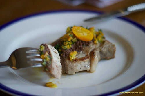 Seared Pork Chops with Kumquat Chocolate Topping